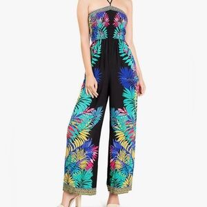 Flying Tomato tropical smocked bodice jumpsuit womens size S boho resort wear